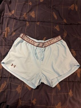 💥2/$30 Under Armour Women's Light Blue Athletic Shorts Branded Waistband- size M